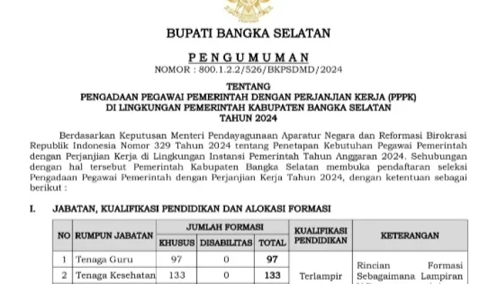 Pemkab Bangka Selatan Buka 975 Formasi PPPK untuk Tahun 2024