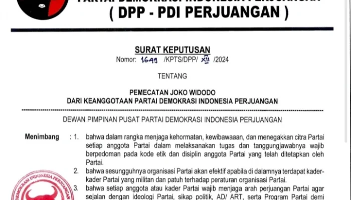 DPP PDIP Resmi Copot Jokowi, Gibran,Bobby dari Keanggotaan Moncong Putih
