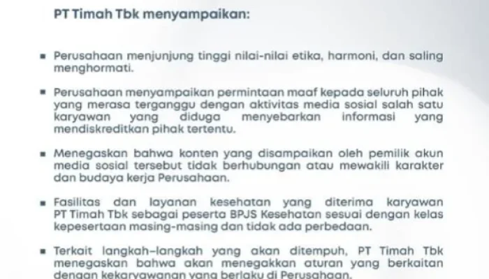 Gegara Unggahan Kontroversial, Oknum Karyawan PT Timah Tbk Terancam Sanksi