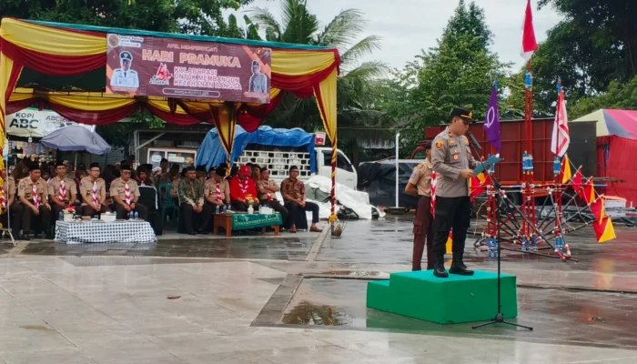 Kapolsek Toboali Pimpin Apel Bersama HUT Pramuka ke-64 di Pantai Laut Nek Aji