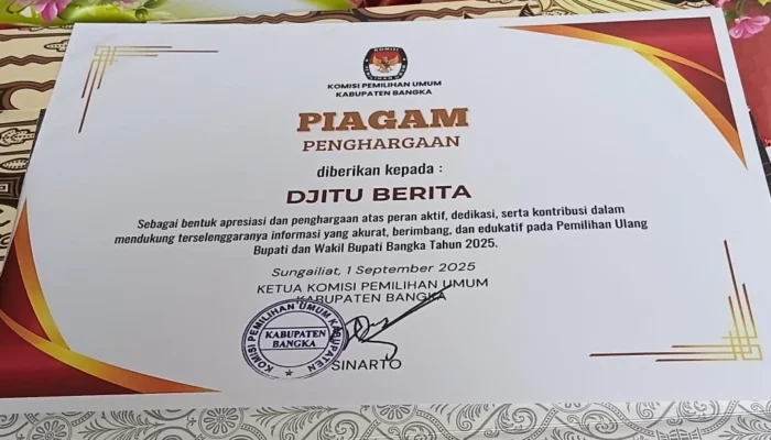 Media Djituberita.com Raih Penghargaan KPU Bangka, Bukti Dedikasi dalam Mengawal Demokrasi Pemilukada 2025