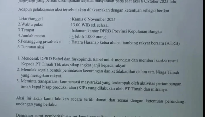Aliansi Tambang Rakyat Bersatu akan Gelar Aksi Damai di DPRD Babel, Desak PT Timah Penuhi Janji