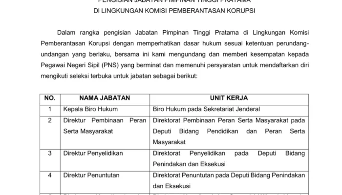 KPK Buka Seleksi Terbuka Enam Jabatan Pimpinan Tinggi Pratama, Pendaftaran hingga 31 Oktober 2025