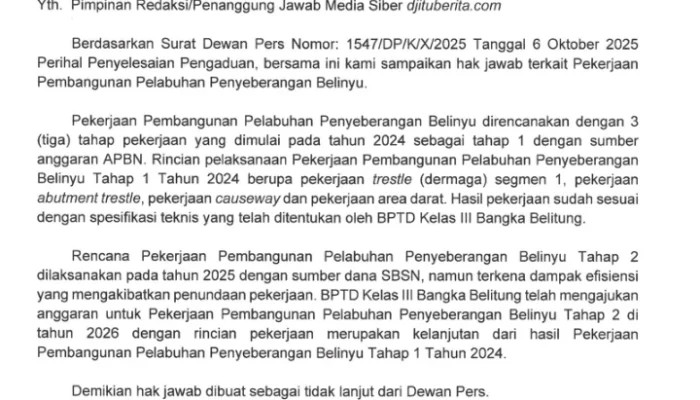 Hak Jawab BPTD Kelas III Bangka Belitung Terkait Pemberitaan Proyek Pembangunan Pelabuhan Penyeberangan Belinyu