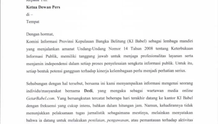 KI Babel Surati Dewan Pers Terkait Oknum Mengaku Wartawan GetarBabel.com