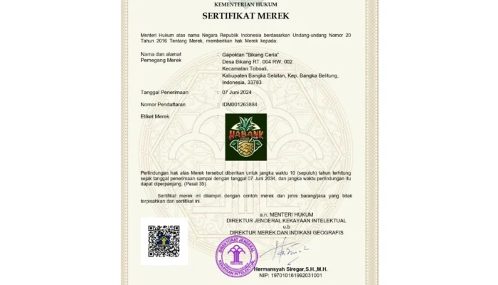Dinas Pertanian Basel Fasilitasi Dua Kelompok Tani Hingga Terbit Sertifikat Merek Dagang