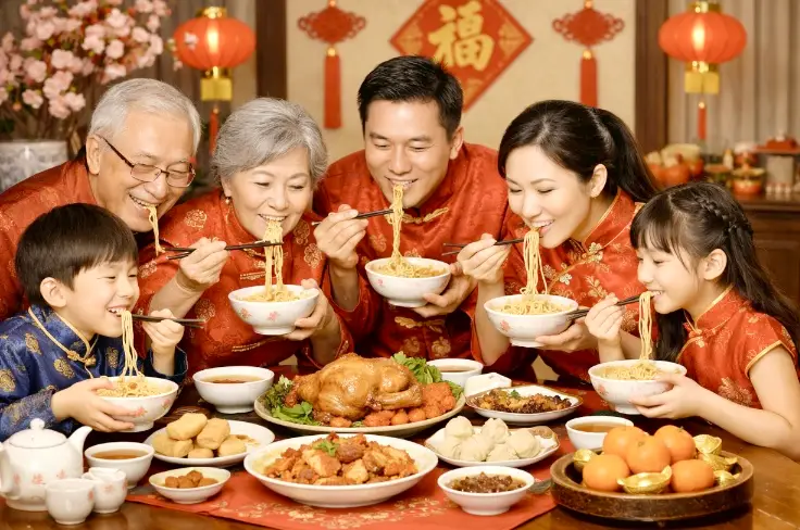 Menyantap mie panjang umur dalam jamuan Imlek, simbol doa akan kesehatan, keharmonisan, dan usia panjang yang mengalir lintas generasi Thionghoa. (Foto ilustrasi AI)