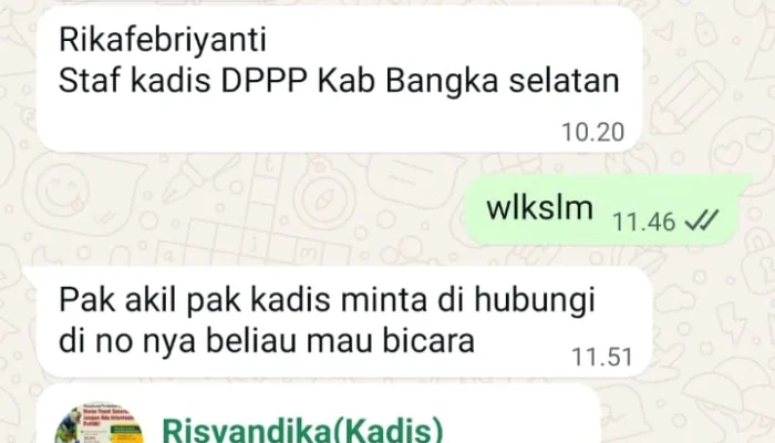 Catut Nama DPPP Bangka Selatan, Risvandika Pastikan Pesan WhatsApp Itu Penipuan