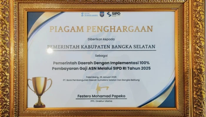Pemkab Bangka Selatan Raih Penghargaan Implementasi 100% Pembayaran Gaji ASN via SIPD RI 2025