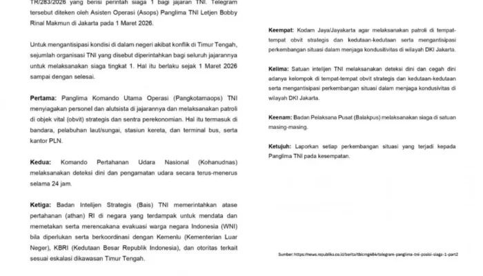 TNI Tetapkan Siaga 1, Panglima Perintahkan Peningkatan Kesiapsiagaan Nasional