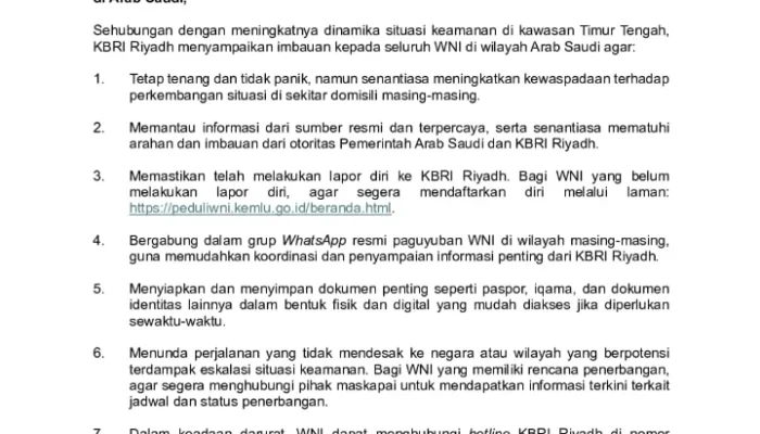 Perang IRAN –AS Memanas, KBRI Riyadh Perketat Pemantauan WNI dan Jamaah Umrah